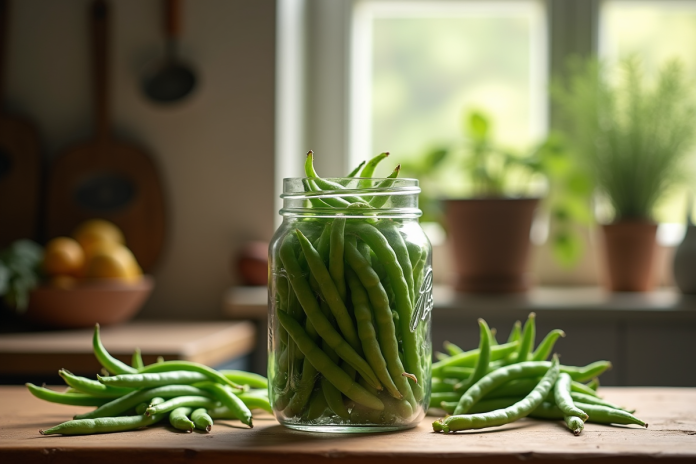 Pot de haricots verts frais sur une table en bois