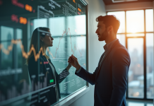 Homme et femme analysant des graphiques financiers dans un bureau lumineux