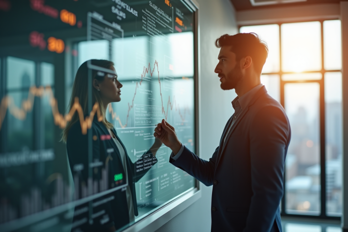 Homme et femme analysant des graphiques financiers dans un bureau lumineux