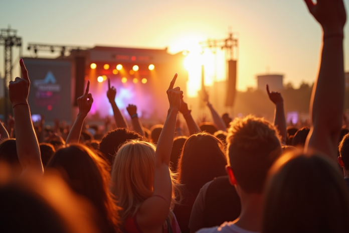 Foule enthousiaste lors d'un festival en plein air en après-midi