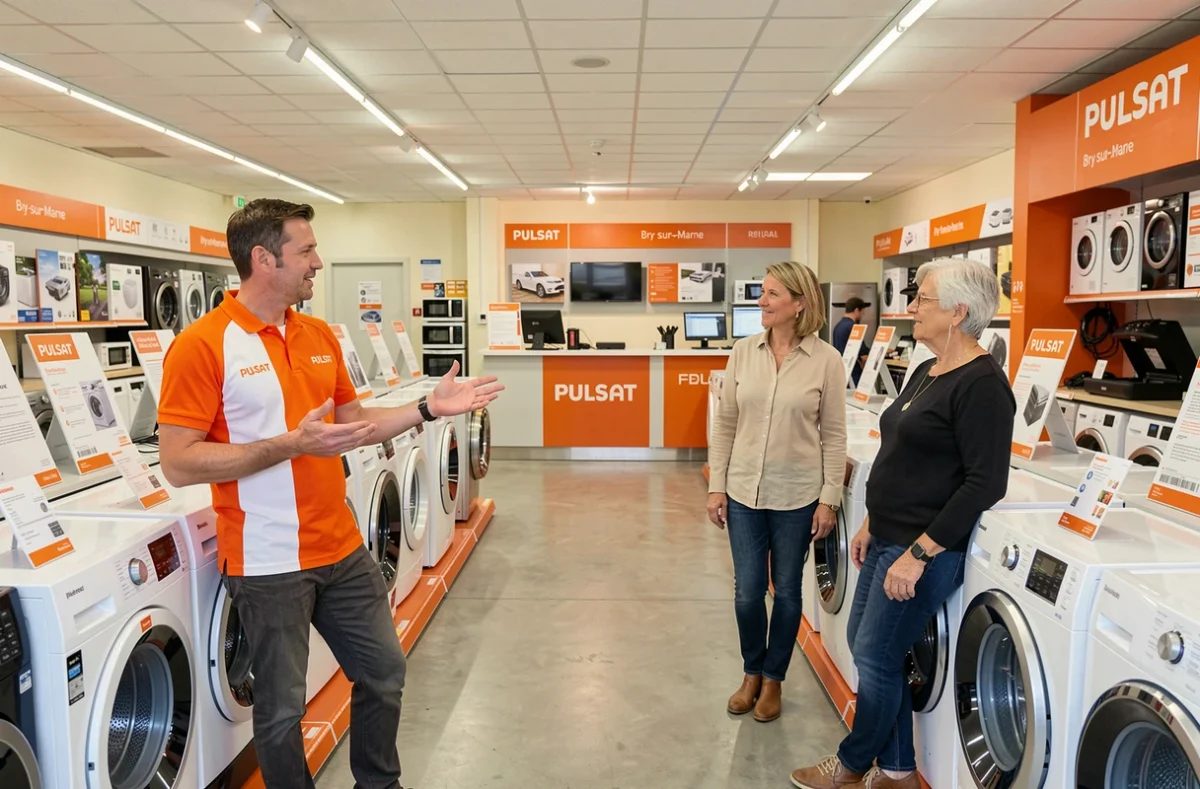 Conseiller PULSAT présentant des électroménagers à un couple de clients dans le magasin de vente et dépannage à Bry-sur-Marne