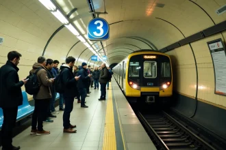 Quai de la ligne 3 du métro parisien avec des voyageurs attendant le train dans une station aux murs carrelés blanc