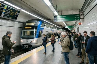 Quai de gare RER en région parisienne avec train double-decker et panneau des temps de trajet en minutes