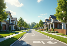 Rue ensoleillée avec maisons variées et urbaniste avec plans de zonage
