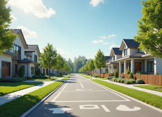 Zonage parcelle : comprendre et maîtriser les règles urbaines Rue ensoleillée avec maisons variées et urbaniste avec plans de zonage