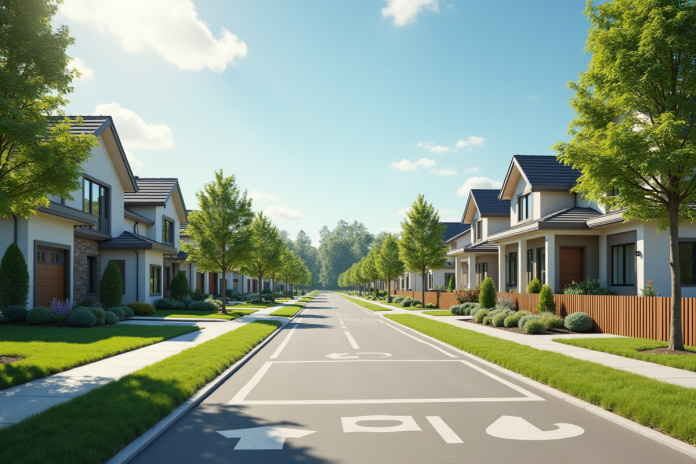 Rue ensoleillée avec maisons variées et urbaniste avec plans de zonage