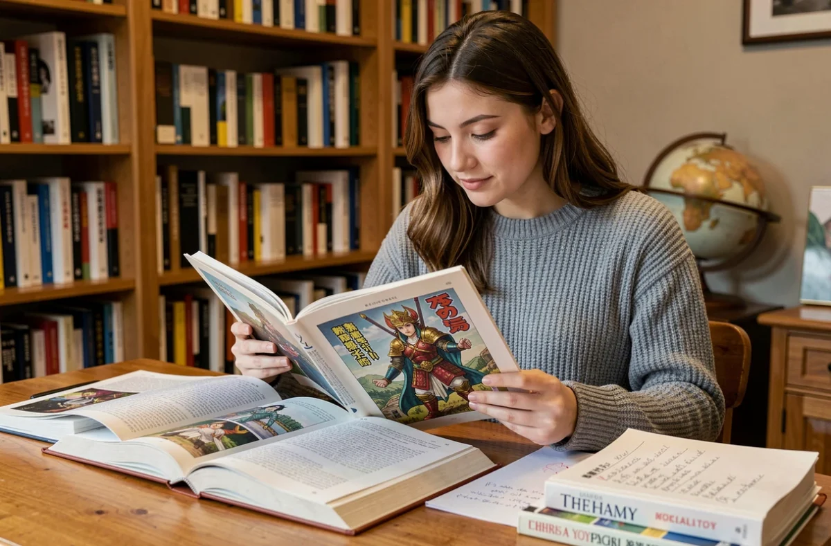 Jeune femme comparant des livres d'histoire de l'art antique et des mangas représentant des déesses guerrières
