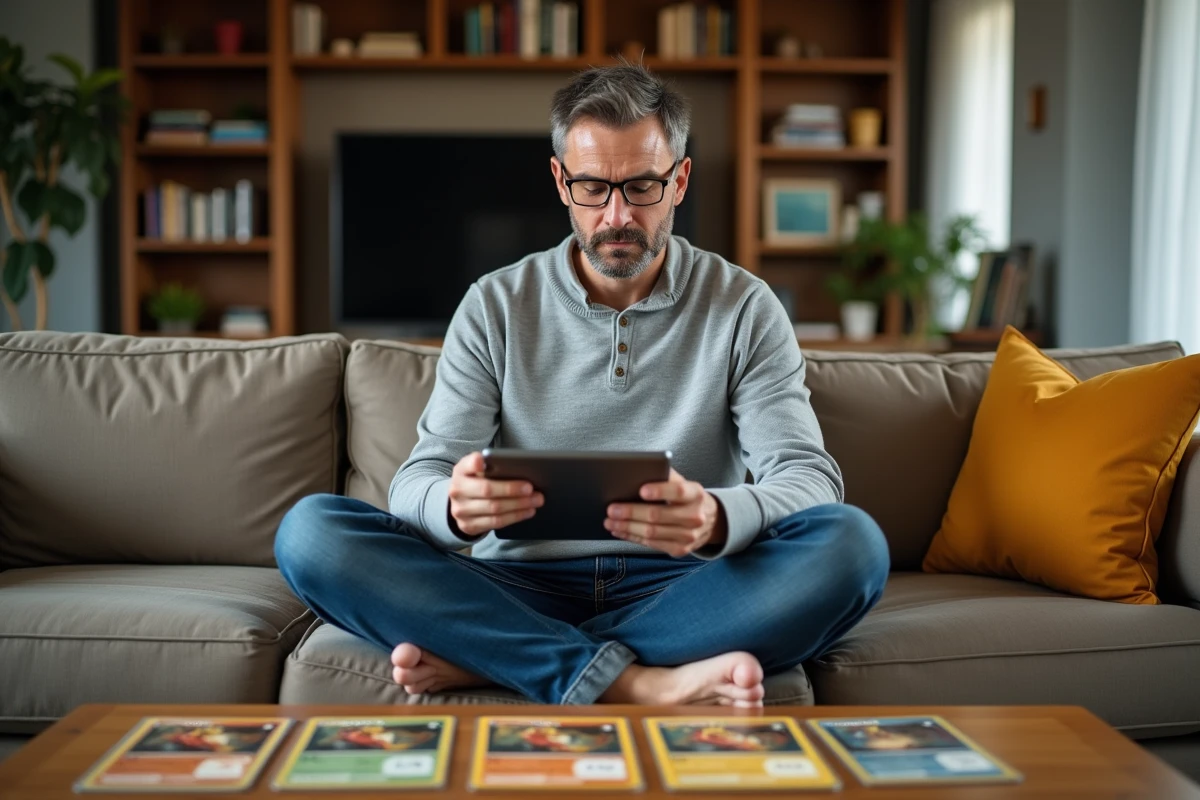 Homme recherchant le juste prix d'une carte Dracaufeu rare sur tablette avant une négociation