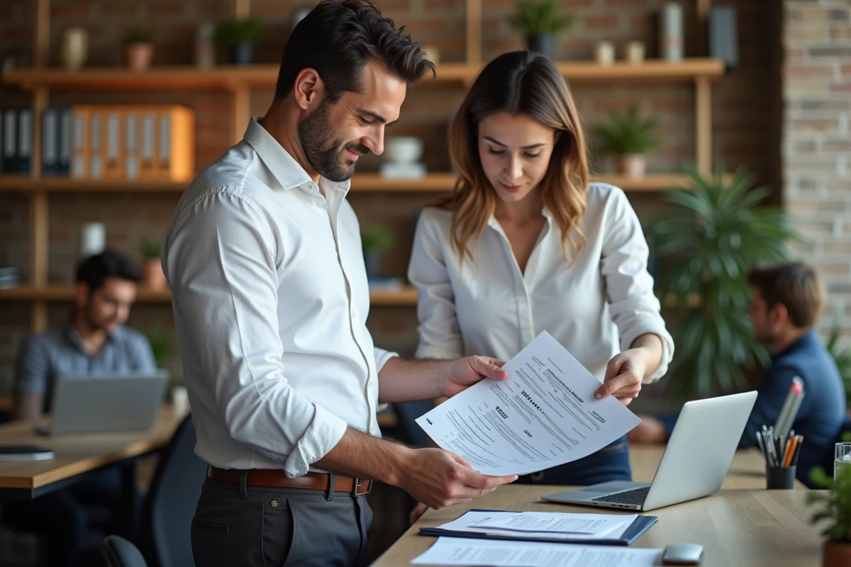 Responsable RH externalisé et collaboratrice consultant des documents ressources humaines dans un espace de coworking, symbolisant la proximité maintenue avec les équipes
