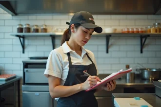 Responsable de station fast-food consultant une checklist d'observation sur une planche à pince dans la cuisine professionnelle
