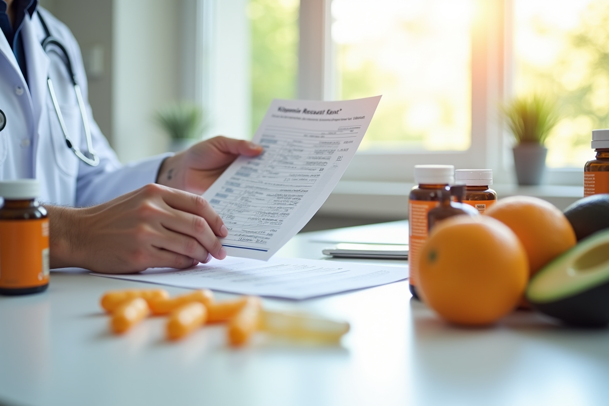 Docteur tenant un résultat de test avec des vitamines