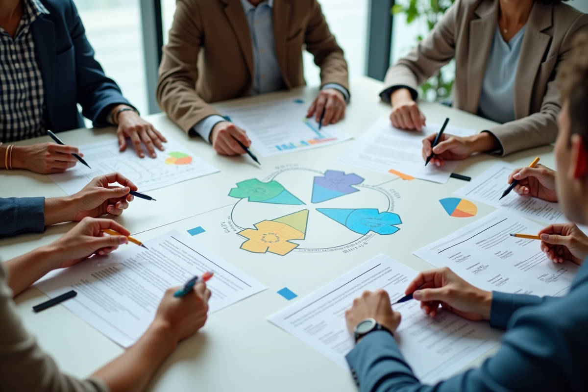 Groupe de personnes disposant des diagrammes de carrière colorés sur une table
