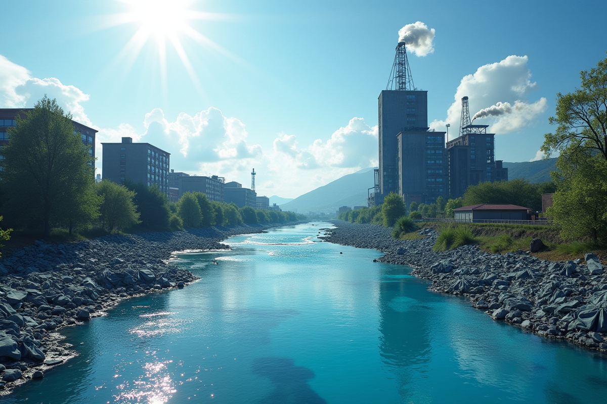 Rivière polluée avec débris de denim et usines en arrière-plan