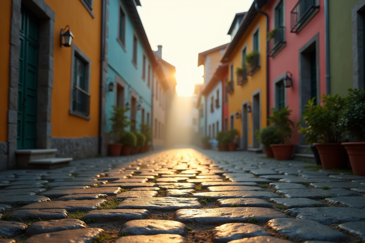 Rue pavée ancienne dans un village europeen au matin brumeux