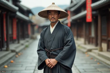 Homme japonais en robe traditionnelle shinobi debout dans un village