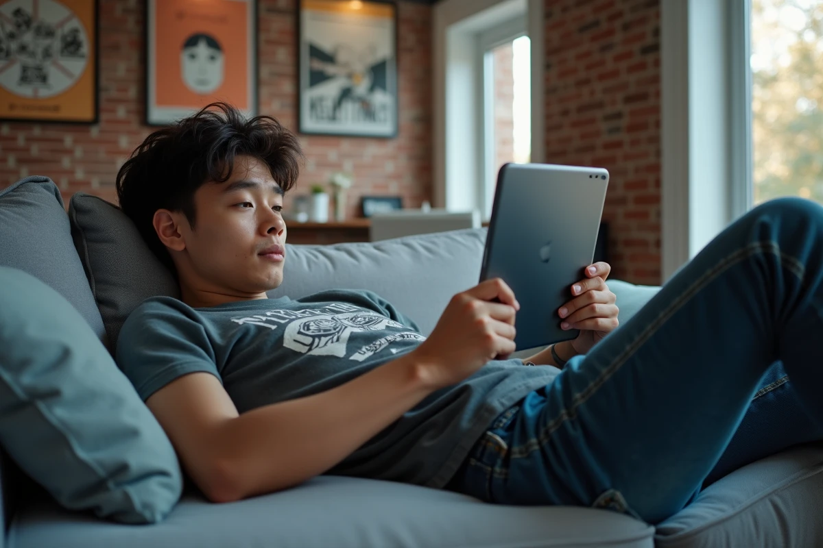 Jeune homme naviguant sur un site de scan manga français sur une tablette dans son salon