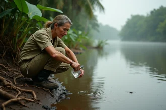 Scientifique prélevant des échantillons d'eau sur les rives de l'Amazone en pleine forêt tropicale