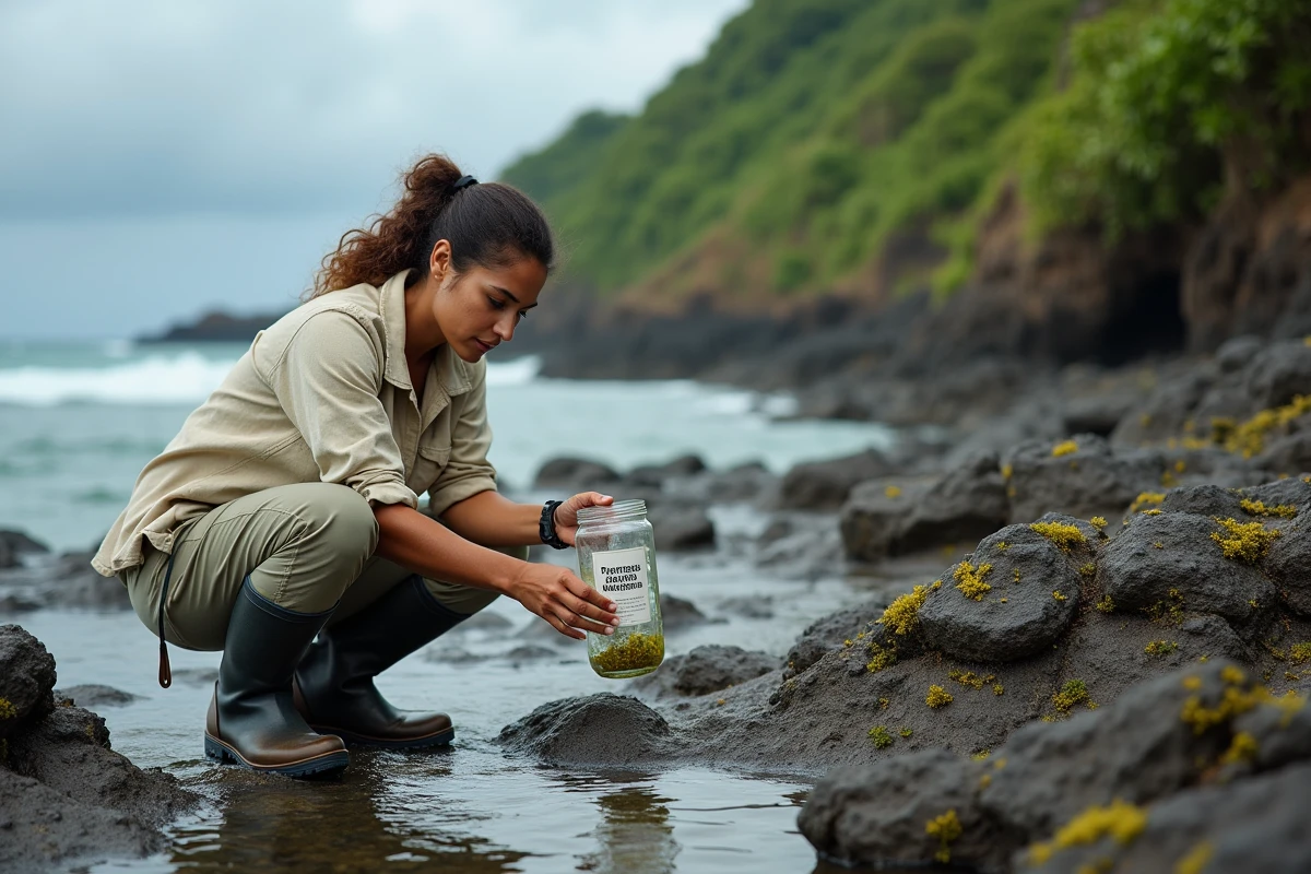 Scientifique collectant des échantillons d'algues sargasses sur une côte rocheuse de Guadeloupe pour cartographier les zones touchées