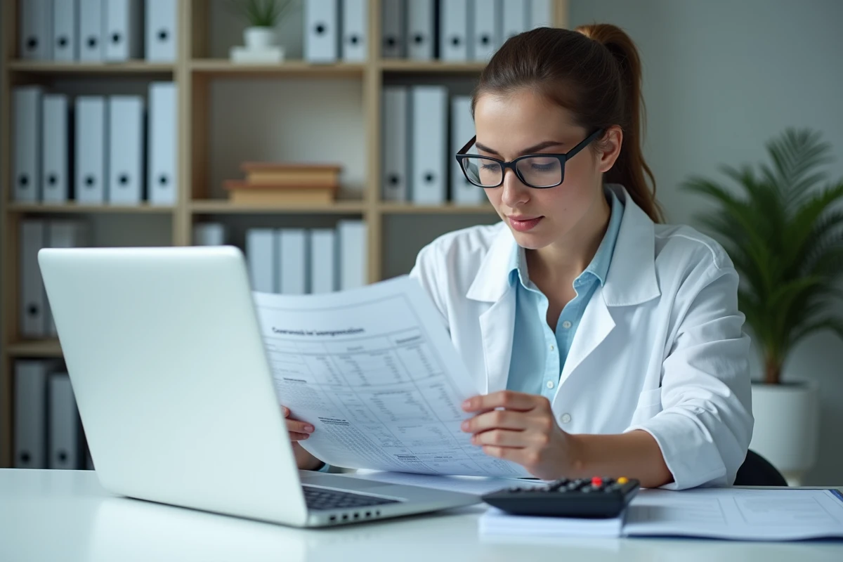 Femme scientifique analysant des tableaux de conversion kilogrammes et tonnes avec une calculatrice et un ordinateur portable