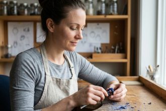 Femme sculptrice de bijoux en atelier avec outils et cire