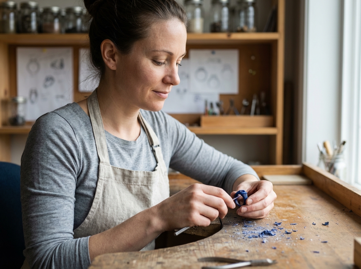 Femme sculptrice de bijoux en atelier avec outils et cire