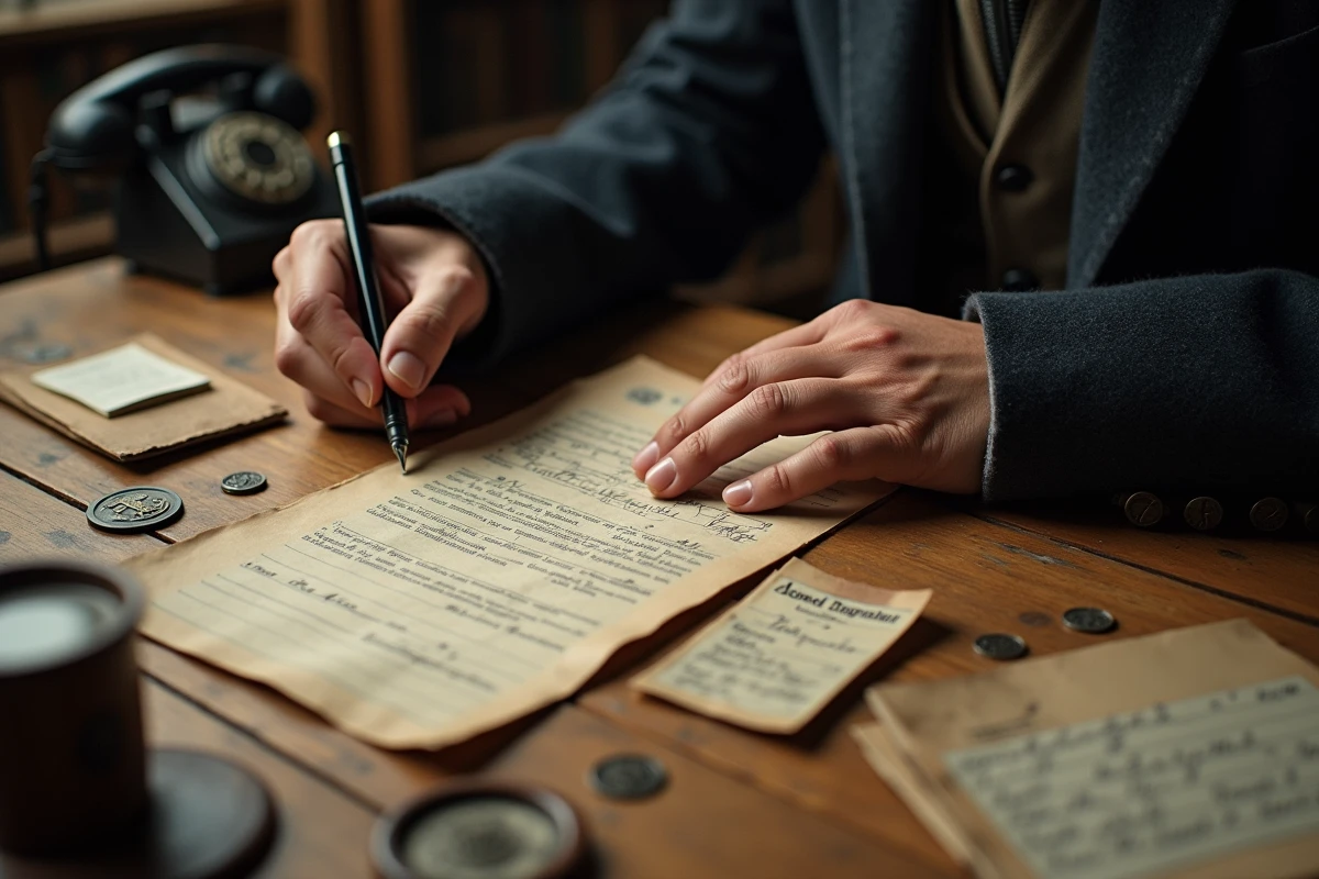 Main signant un document de resistance WWII avec badges