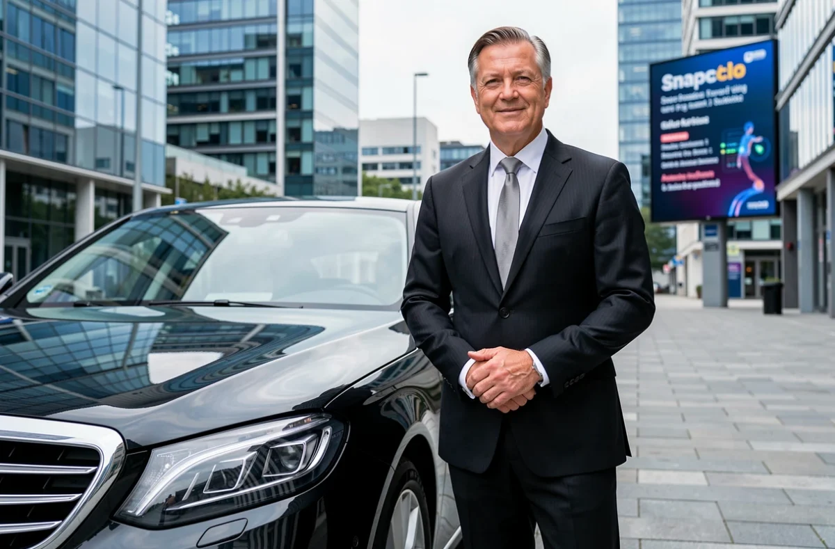 Chauffeur Snapcar Karhoo en costume noir et cravate argent debout près d'une berline noire dans un quartier d'affaires moderne de Lille avec tours en verre en arrière-plan