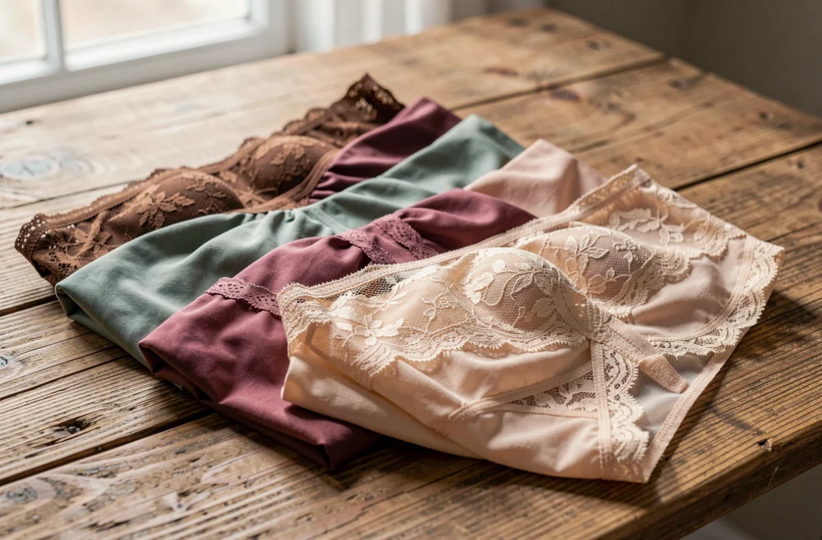 Sous-robes pliées dans différentes matières sur une table en bois