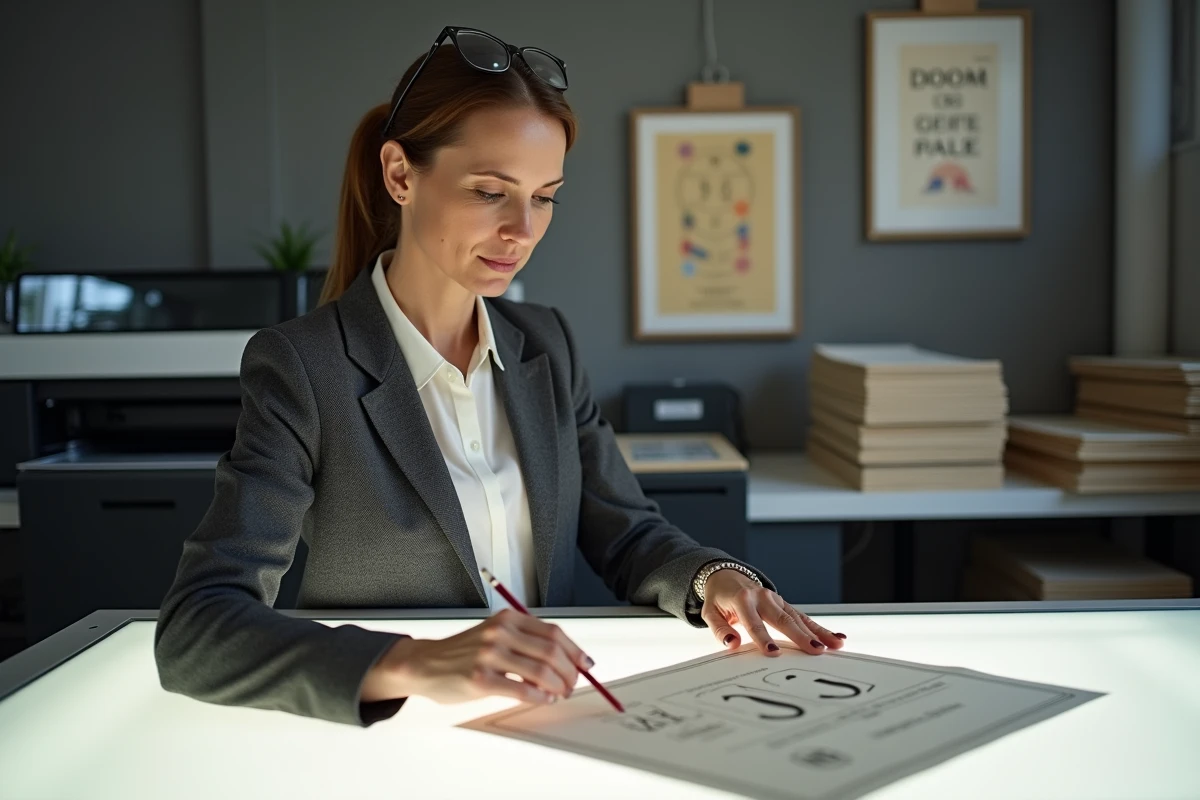 Professionnelle en studio d'impression examinant une invitation de mariage avec la date en chiffres romains
