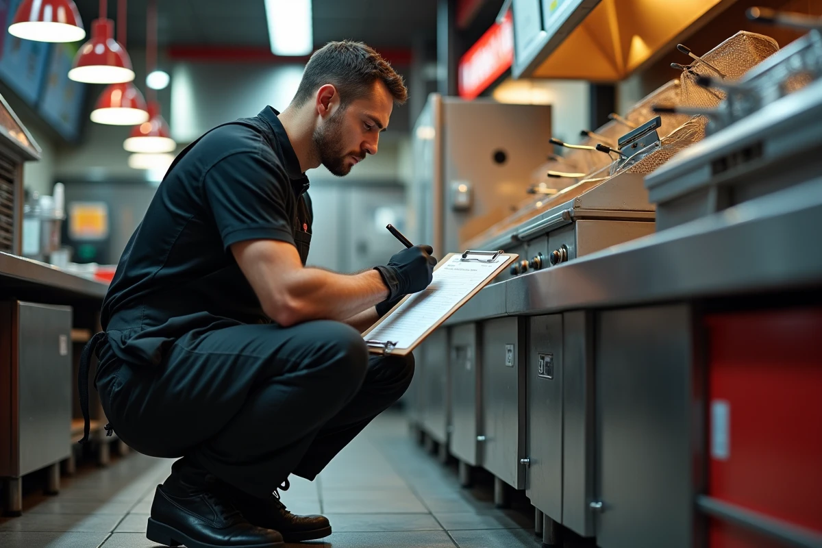Superviseur fast-food remplissant une fiche de contrôle de station près de la friteuse pendant le service