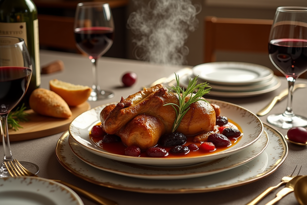 Table dressée avec casserole de lapin aux pruneaux et vin rouge