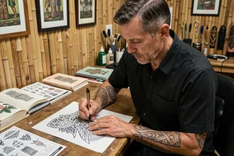 Tatoueur polynésien dessinant des symboles traditionnels sur papier dans son studio, avec des guides de référence et des motifs tiki, raie manta et dents de requin visibles