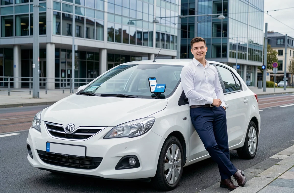 Chauffeur TAYO VTC en chemise blanche appuyé contre une berline blanche dans une rue moderne de Lille avec rails de tramway visibles
