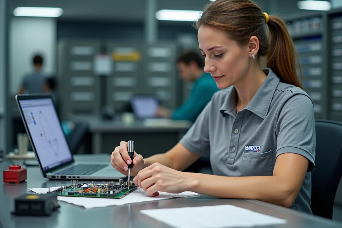 Technicienne électrique serrant une borne à vis sur un connecteur PCB dans un atelier d'assemblage électronique