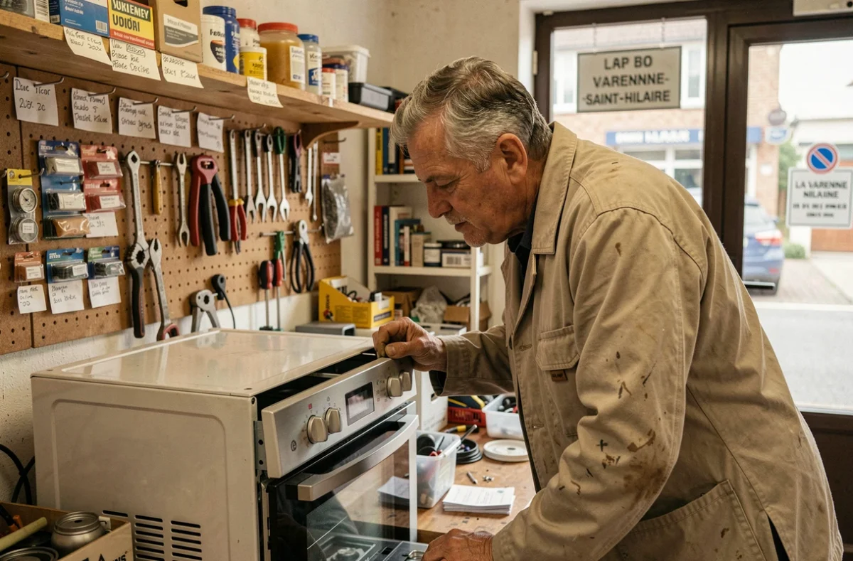 Réparateur indépendant Télégare F. Da Silva travaillant sur un four dans son atelier artisanal à La Varenne-Saint-Hilaire