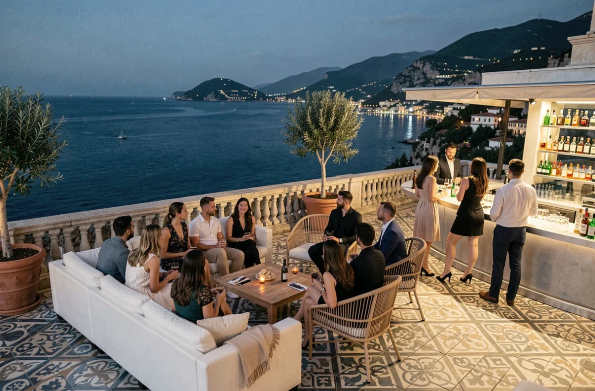 Terrasse extérieure d'une boîte de nuit sur la Côte d'Azur avec vue panoramique sur la mer Méditerranée et ambiance lounge élégante