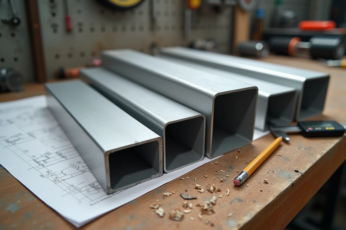 Tubes aluminium rectangulaires de différentes dimensions disposés sur un établi d'atelier avec un pied à coulisse et des plans techniques