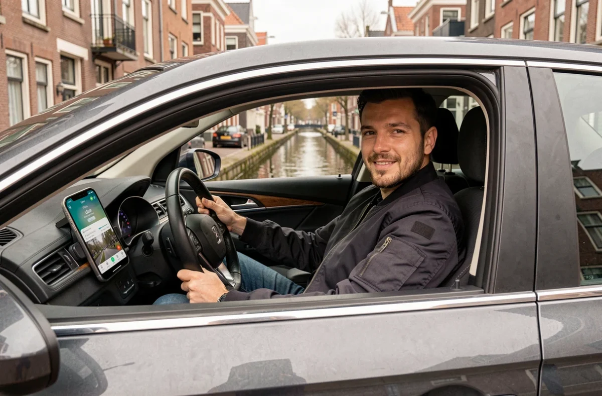 Chauffeur Uber assis dans une berline grise avec l'application Uber sur smartphone, rue en brique et canal de Lille visible à travers le pare-brise