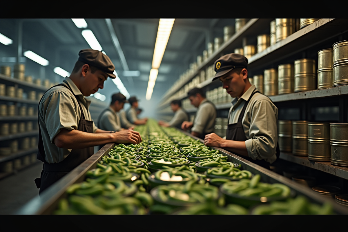 Scène d usine du début du 20e siècle avec ouvriers en train de sceller des conserves de haricots verts