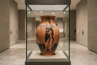 Vase grec antique à figures rouges représentant une déesse guerrière exposé dans une vitrine de musée