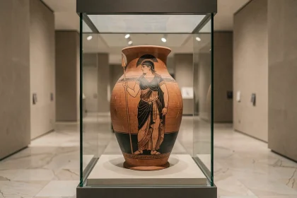 Vase grec antique à figures rouges représentant une déesse guerrière exposé dans une vitrine de musée