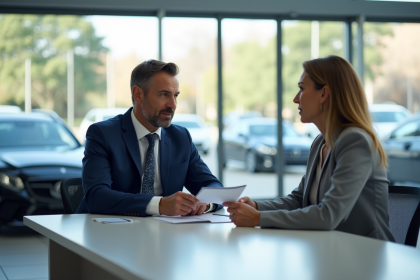 Vendeur automobile en discussion avec une cliente dans un showroom moderne