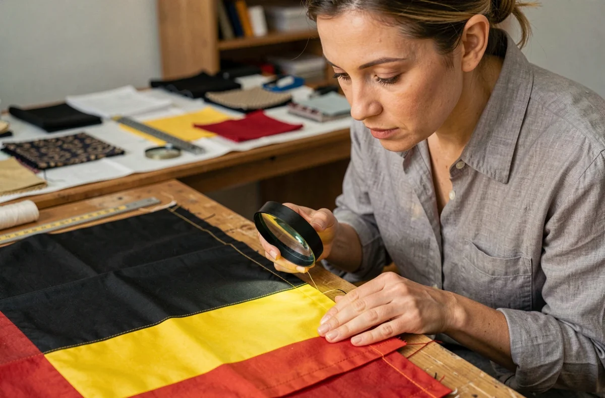 Femme examinant à la loupe les coutures d'un drapeau noir jaune rouge pour en vérifier l'authenticité