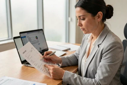 Employée de bureau vérifiant une fiche de paie avec conversion en centième d'heure sur un bureau moderne