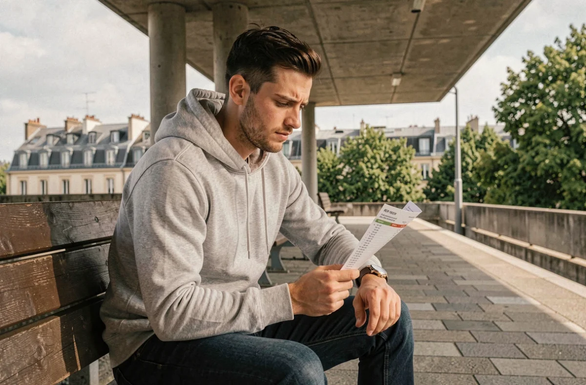 Voyageur consultant un horaire RER sur un quai extérieur en banlieue parisienne