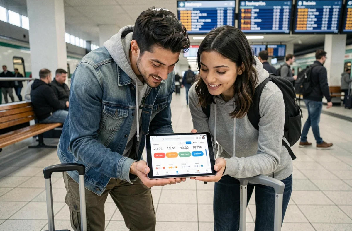 Deux voyageurs consultant une application de planification de voyage affichant les jours entre la date de départ et d'arrivée dans une gare