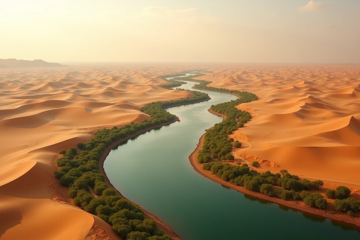 Vue aérienne du Nil serpentant entre désert et bandes de végétation verdoyante en Afrique du Nord