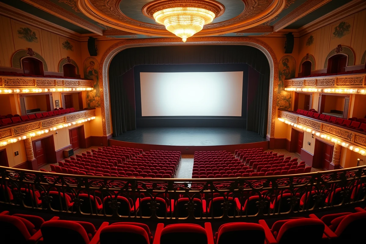 Vue panoramique depuis le balcon du Grand Rex montrant toute la salle de cinéma et la scène en plongée