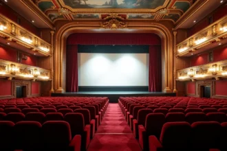 Vue réelle depuis un siège d'orchestre au Grand Rex de Paris montrant la scène et l'écran de cinéma