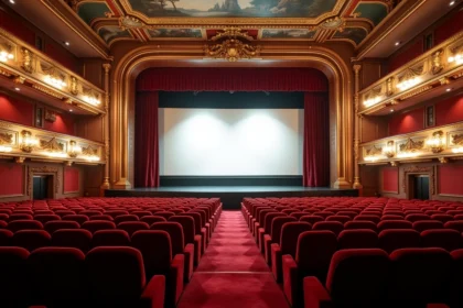 Vue réelle depuis un siège d'orchestre au Grand Rex de Paris montrant la scène et l'écran de cinéma